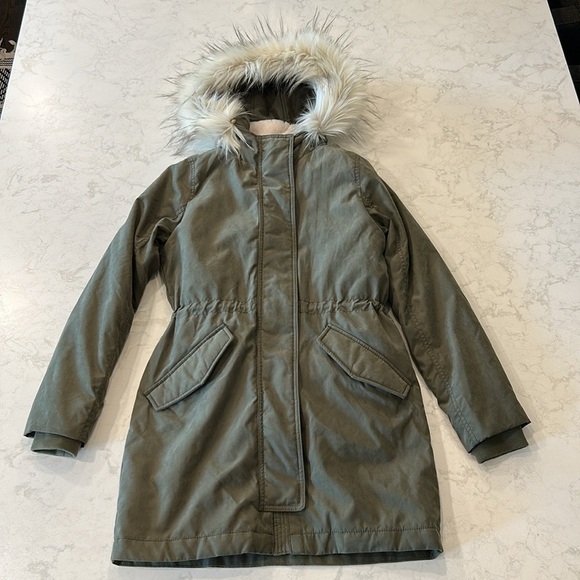 Abercrombie & Fitch 3-In-One Women's Olive Parka Jacket Removable Fur Hood Small - Picture 7 of 16
